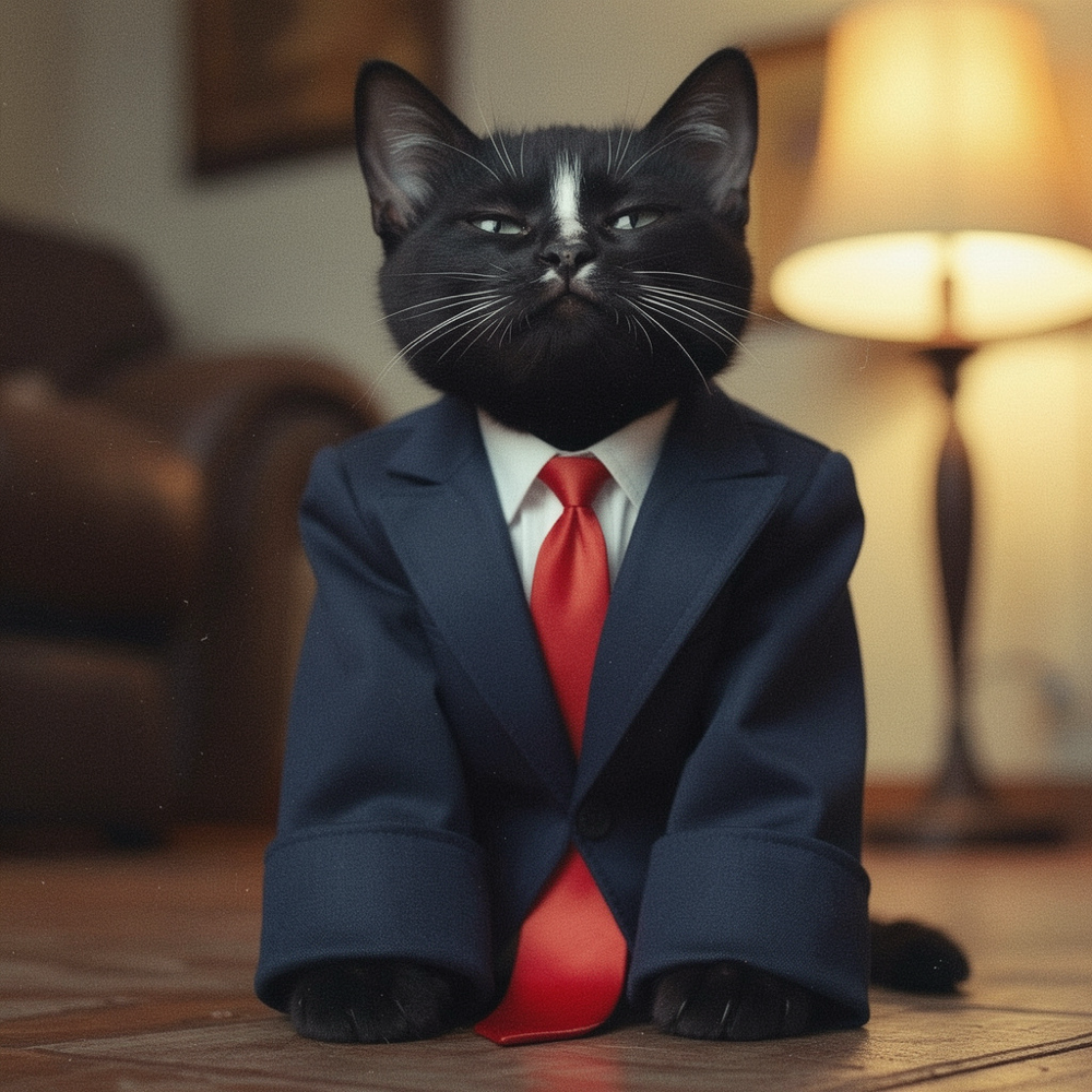Cat Jr., seated, wearing an oversized navy suit