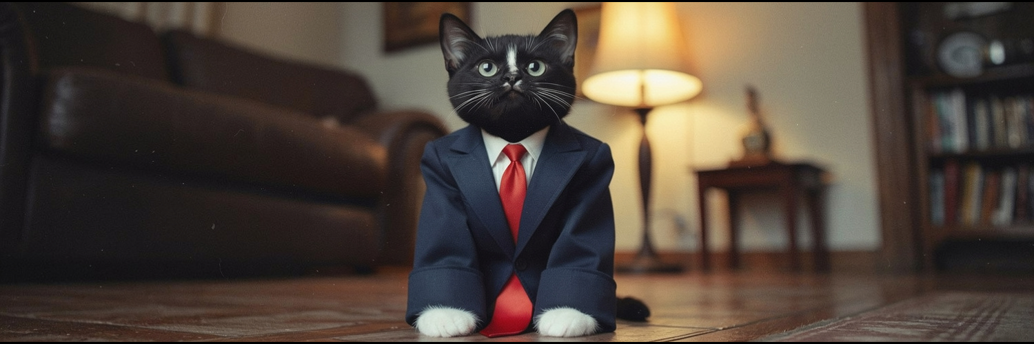 Cat Jr. seated in the same oversized suit, wide portrait